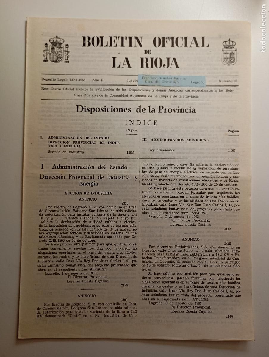 Coleccionismo de revistas y peri&oacute;dicos: BOLET&Iacute;N OFICIAL DE LA RIOJA. N&ordm; 95. 18 de agosto de 1983. A&ntilde;o II. TDKR91