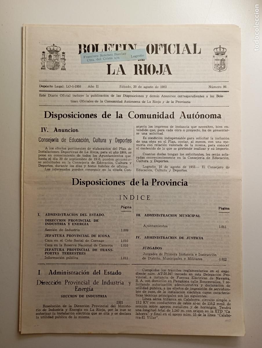 Coleccionismo de revistas y peri&oacute;dicos: BOLET&Iacute;N OFICIAL DE LA RIOJA. N&ordm; 96. 20 de agosto de 1983. A&ntilde;o II. TDKR91