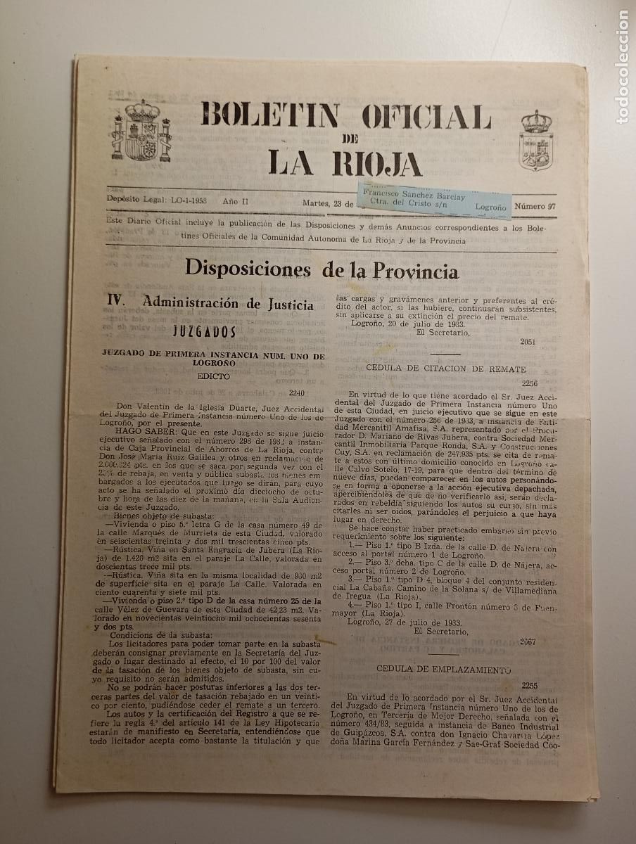 Coleccionismo de revistas y peri&oacute;dicos: BOLET&Iacute;N OFICIAL DE LA RIOJA. N&ordm; 97. 23 de agosto de 1983. A&ntilde;o II. TDKR91
