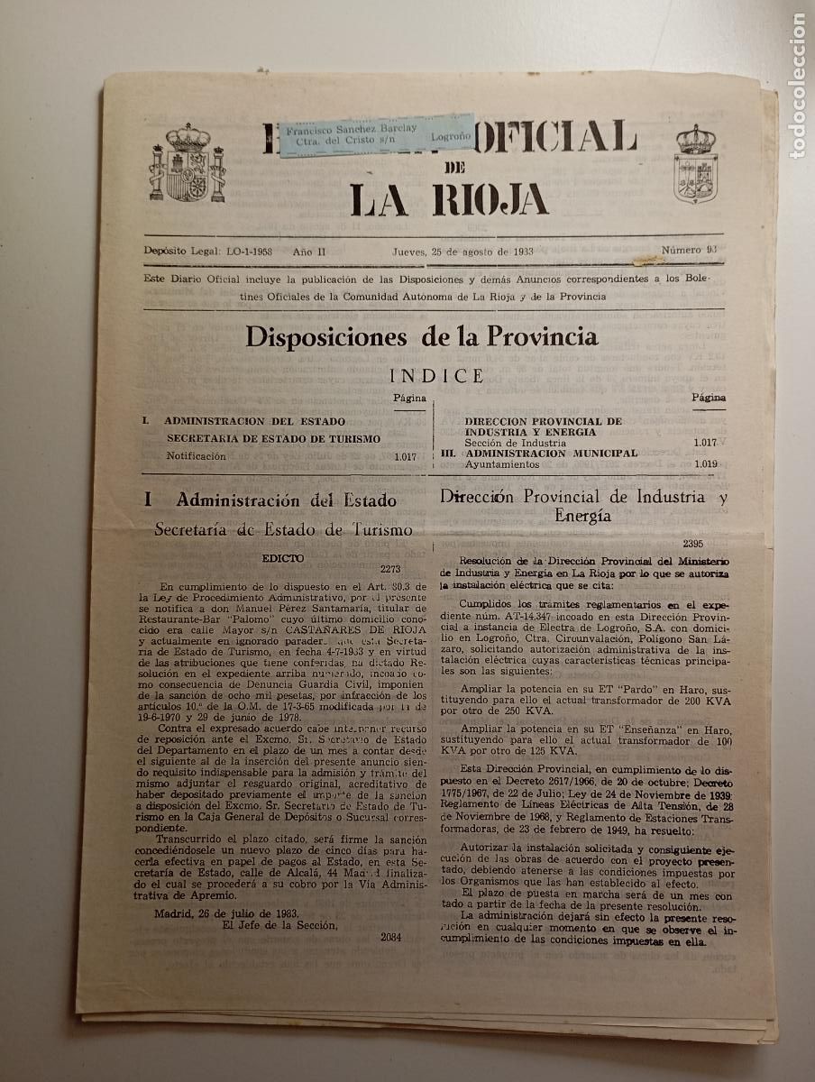 Coleccionismo de revistas y peri&oacute;dicos: BOLET&Iacute;N OFICIAL DE LA RIOJA. N&ordm; 93. 25 de agosto de 1983. A&ntilde;o II. TDKR91