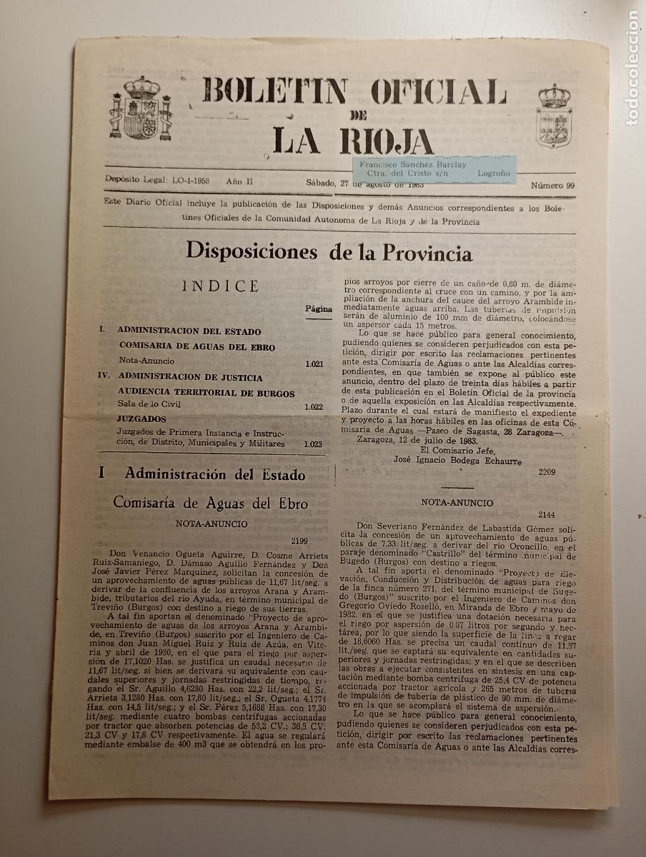 Coleccionismo de revistas y peri&oacute;dicos: BOLET&Iacute;N OFICIAL DE LA RIOJA. N&ordm; 99. 27 de agosto de 1983. A&ntilde;o II. TDKR91
