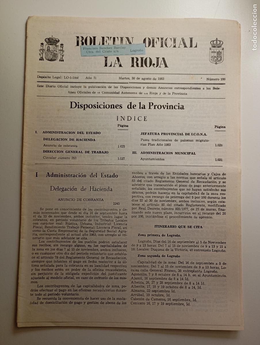 Coleccionismo de revistas y peri&oacute;dicos: BOLET&Iacute;N OFICIAL DE LA RIOJA. N&ordm; 100. 30 de agosto de 1983. A&ntilde;o II. TDKR91