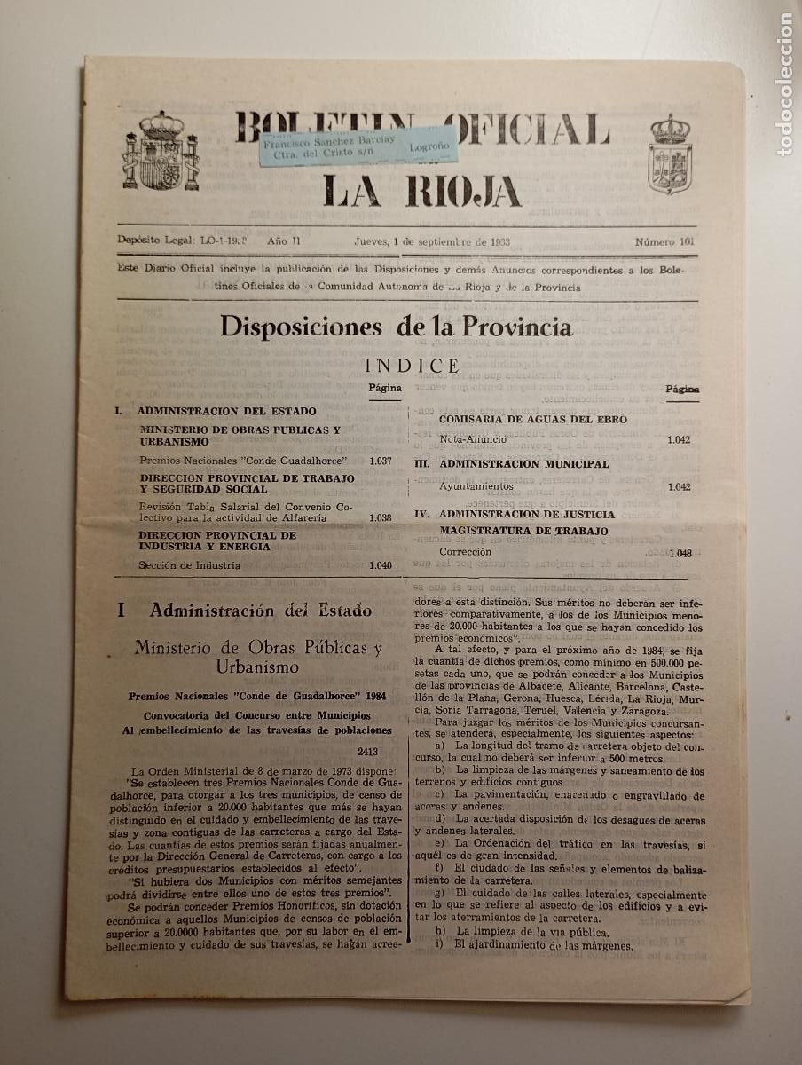 Coleccionismo de revistas y peri&oacute;dicos: BOLET&Iacute;N OFICIAL DE LA RIOJA. N&ordm; 101. 1 de septiembre de 1983. A&ntilde;o II. TDKR91