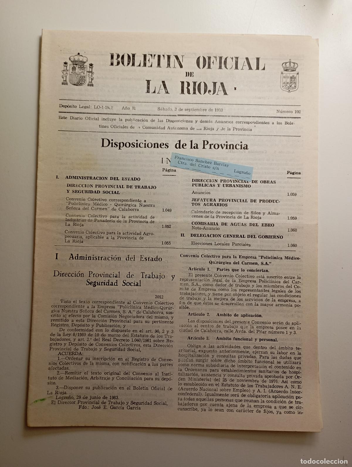 Coleccionismo de revistas y peri&oacute;dicos: BOLET&Iacute;N OFICIAL DE LA RIOJA. N&ordm; 102. 3 de septiembre de 1983. A&ntilde;o II. TDKR91