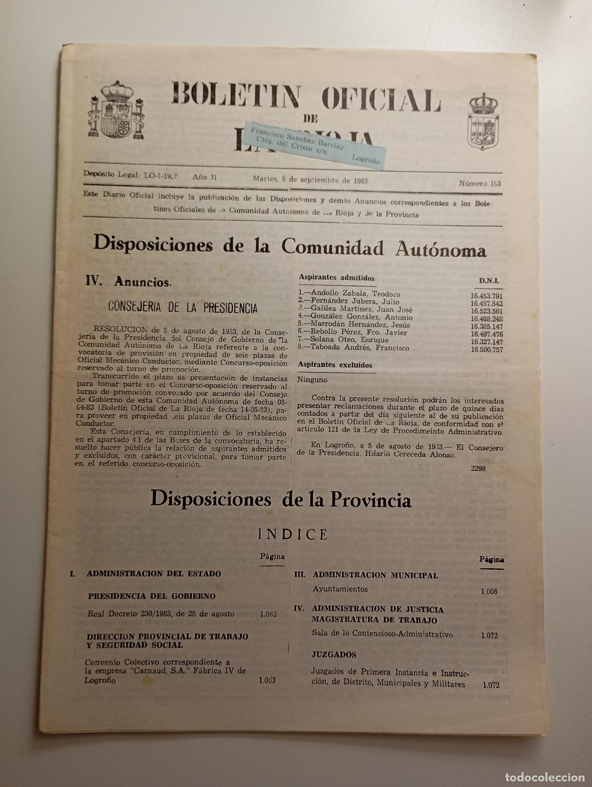 Collection Magazines and Newspapers: BOLET&Iacute;N OFICIAL DE LA RIOJA. N&ordm; 103. 6 de septiembre de 1983. A&ntilde;o II. TDKR91