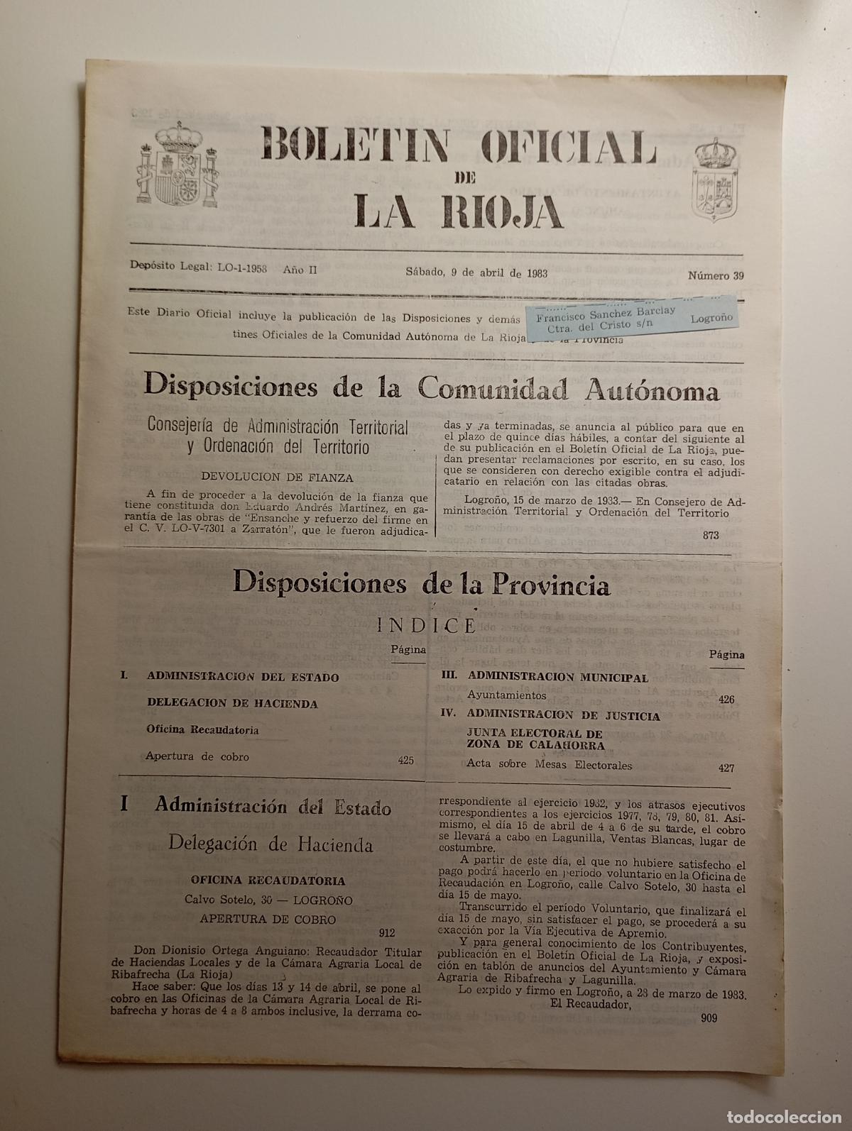 Collection Magazines and Newspapers: BOLET&Iacute;N OFICIAL DE LA RIOJA. N&ordm; 39 9 de abril de 1983. A&ntilde;o II. TDKR91