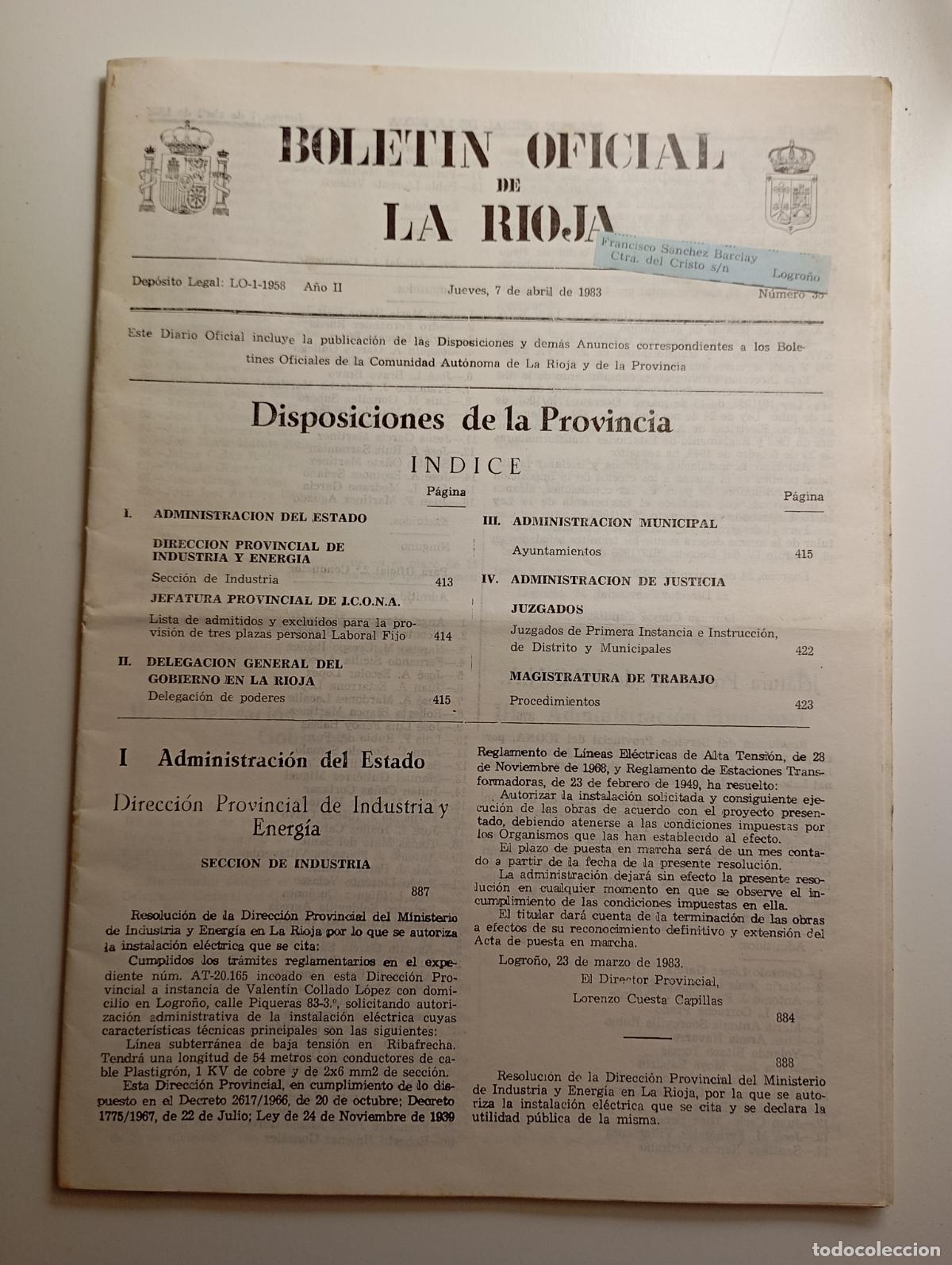 Collection Magazines and Newspapers: BOLET&Iacute;N OFICIAL DE LA RIOJA. N&ordm; 38. 7 de abril de 1983. A&ntilde;o II. TDKR91