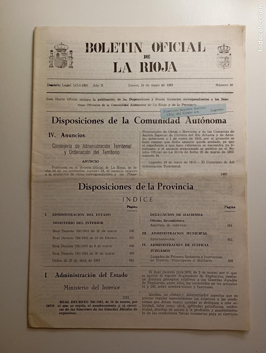 Collection Magazines and Newspapers: BOLET&Iacute;N OFICIAL DE LA RIOJA. N&ordm; 56. 19 de mayo de 1983. A&ntilde;o II. TDKR91