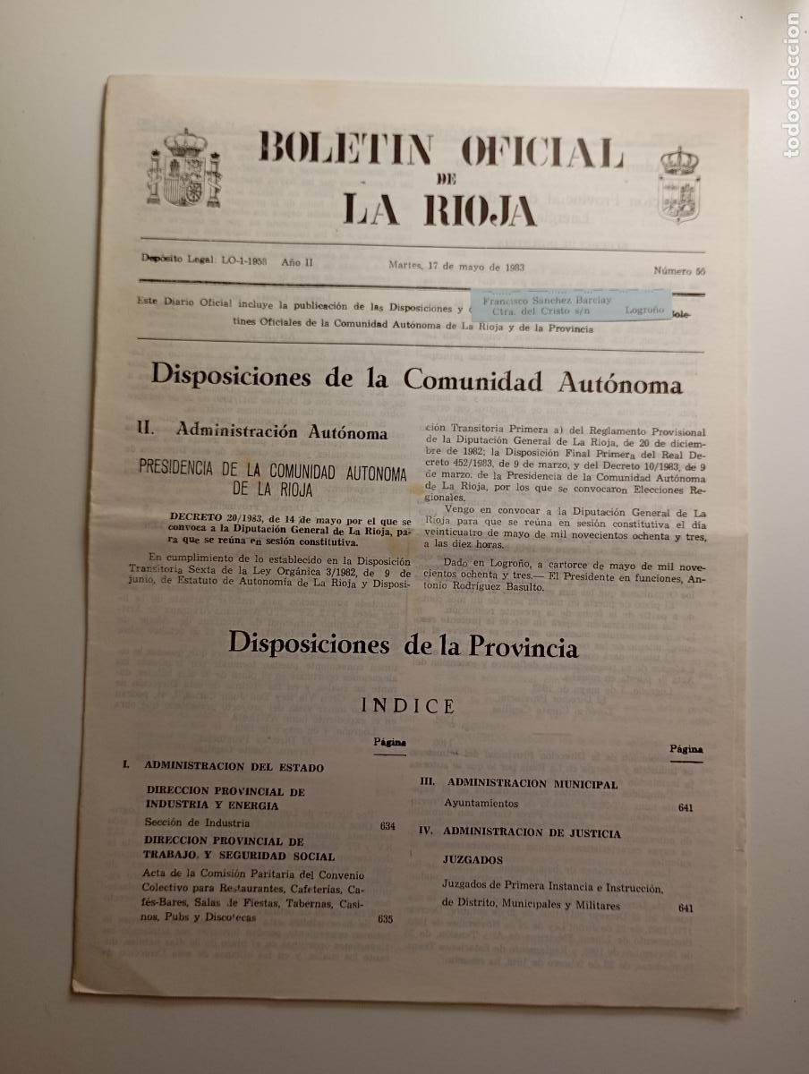 Collection Magazines and Newspapers: BOLET&Iacute;N OFICIAL DE LA RIOJA. N&ordm; 55. 17 de mayo de 1983. A&ntilde;o II. TDKR91