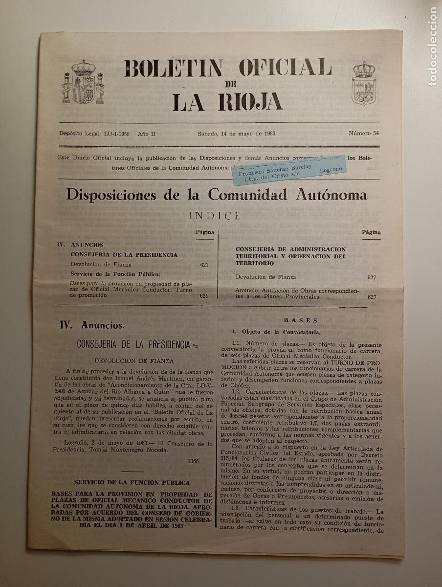 Coleccionismo de revistas y peri&oacute;dicos: BOLET&Iacute;N OFICIAL DE LA RIOJA. N&ordm; 54. 14 de mayo de 1983. A&ntilde;o II. TDKR91