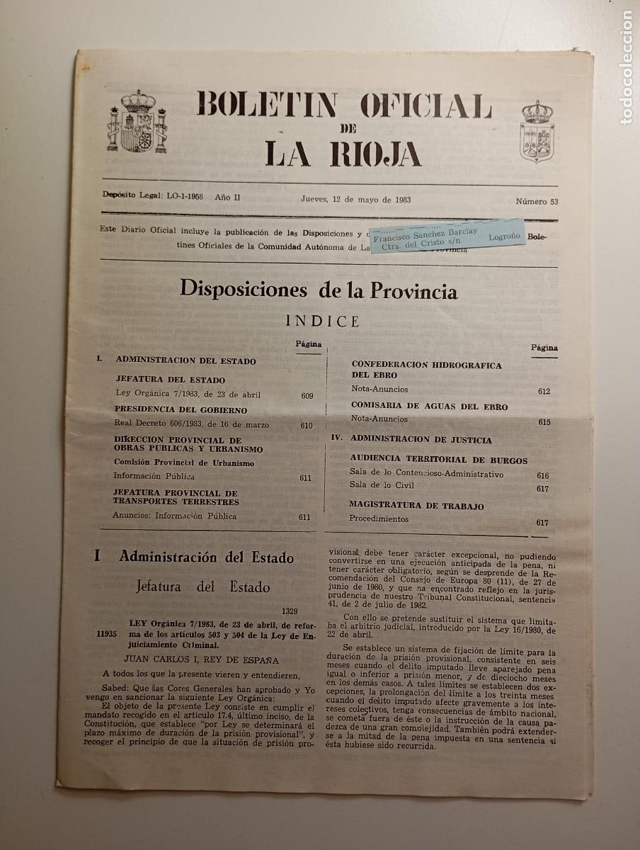 Coleccionismo de revistas y peri&oacute;dicos: BOLET&Iacute;N OFICIAL DE LA RIOJA. N&ordm; 53. 12 de mayo de 1983. A&ntilde;o II. TDKR91