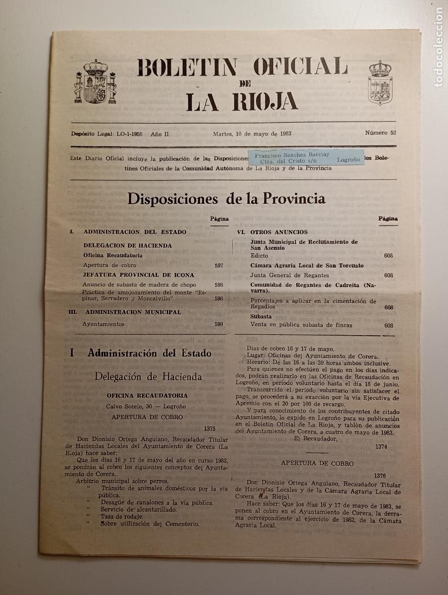 Coleccionismo de revistas y peri&oacute;dicos: BOLET&Iacute;N OFICIAL DE LA RIOJA. N&ordm; 52. 10 de mayo de 1983. A&ntilde;o II. TDKR91