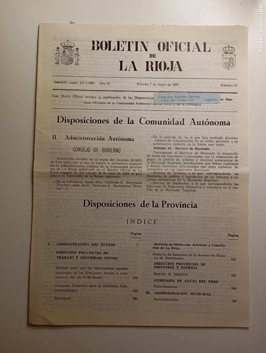 Coleccionismo de revistas y peri&oacute;dicos: BOLET&Iacute;N OFICIAL DE LA RIOJA. N&ordm; 51. 7 de mayo de 1983. A&ntilde;o II. TDKR91