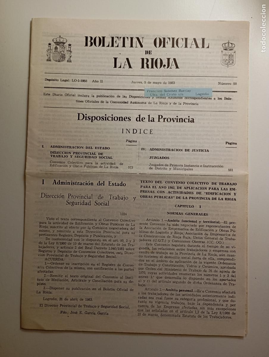 Coleccionismo de revistas y peri&oacute;dicos: BOLET&Iacute;N OFICIAL DE LA RIOJA. N&ordm; 50. 5 de mayo de 1983. A&ntilde;o II. TDKR91