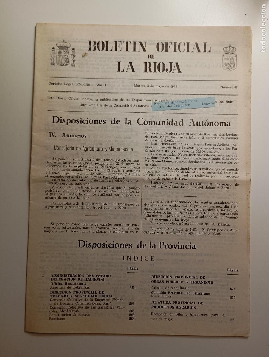 Coleccionismo de revistas y peri&oacute;dicos: BOLET&Iacute;N OFICIAL DE LA RIOJA. N&ordm; 49. 3 de mayo de 1983. A&ntilde;o II. TDKR91