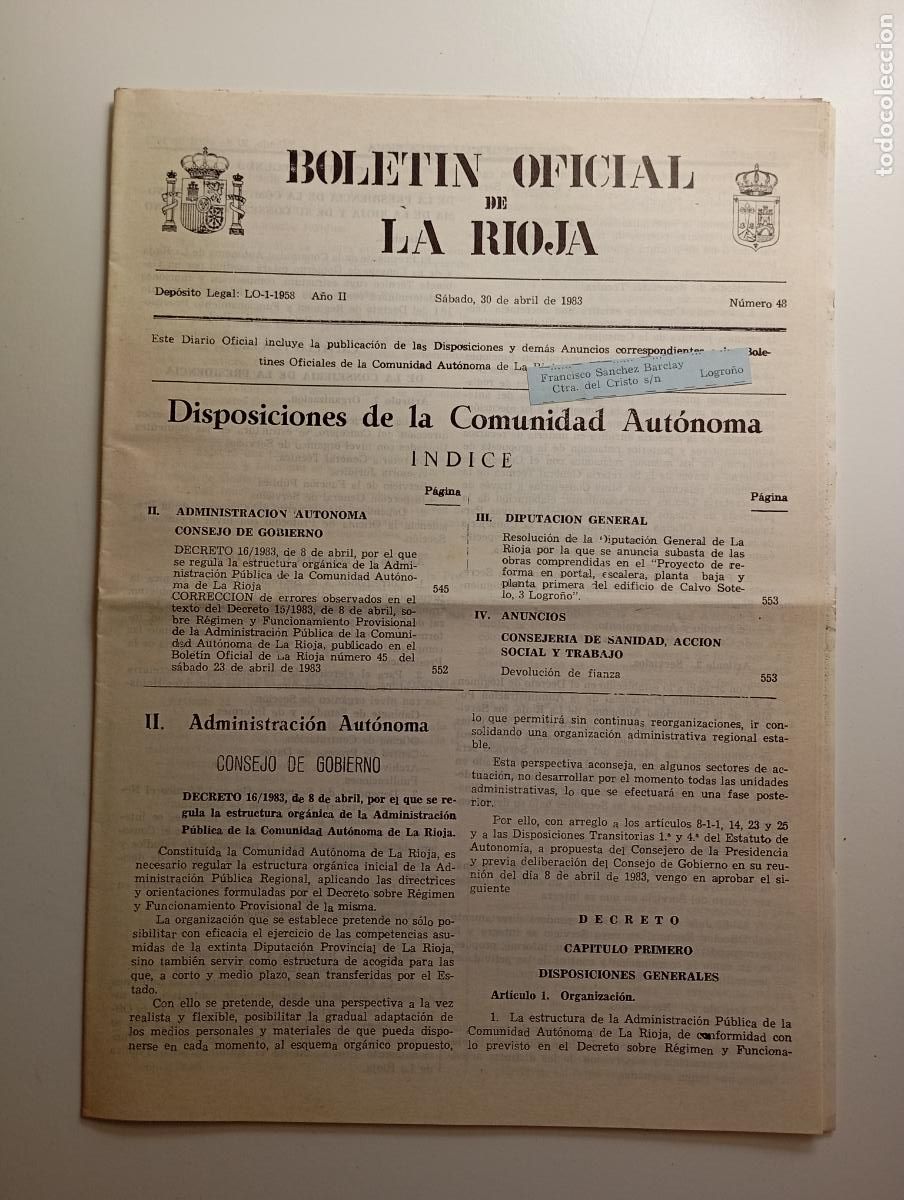 Coleccionismo de revistas y peri&oacute;dicos: BOLET&Iacute;N OFICIAL DE LA RIOJA. N&ordm; 48. 30 de abril de 1983. A&ntilde;o II. TDKR91