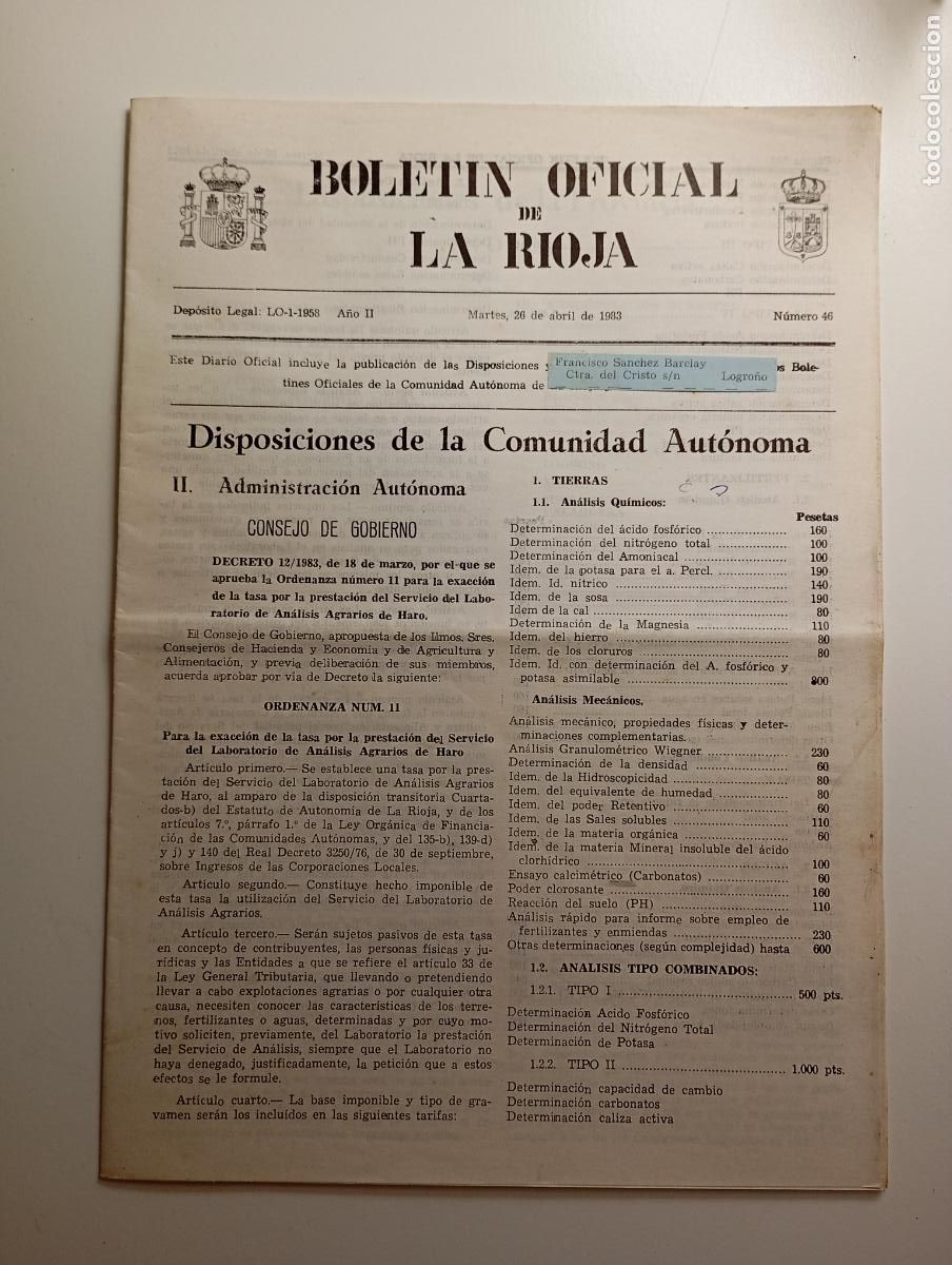 Coleccionismo de revistas y peri&oacute;dicos: BOLET&Iacute;N OFICIAL DE LA RIOJA. N&ordm; 46. 26 de abril de 1983. A&ntilde;o II. TDKR91