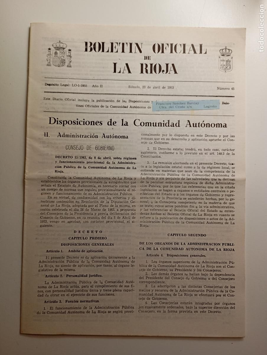 Coleccionismo de revistas y peri&oacute;dicos: BOLET&Iacute;N OFICIAL DE LA RIOJA. N&ordm; 45. 23 de abril de 1983. A&ntilde;o II. TDKR91