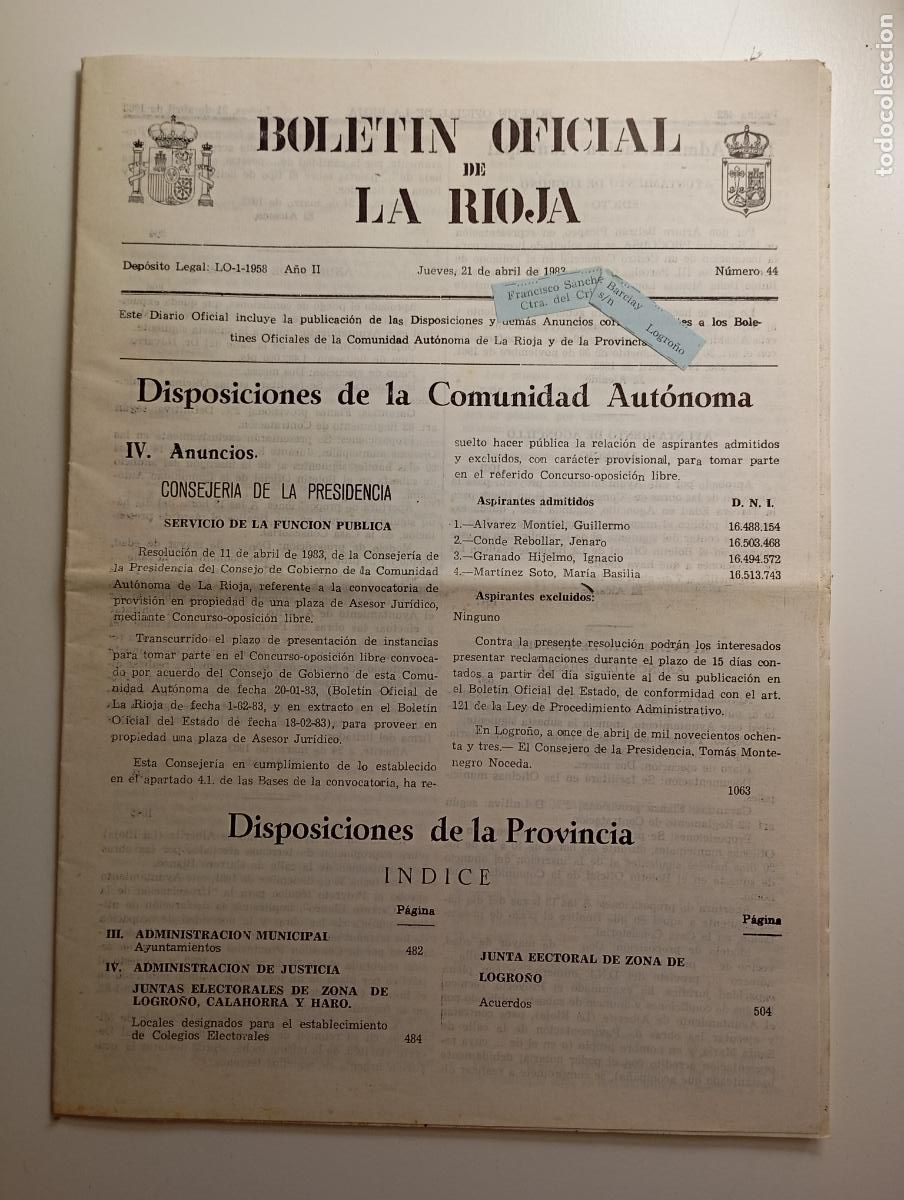 Coleccionismo de revistas y peri&oacute;dicos: BOLET&Iacute;N OFICIAL DE LA RIOJA. N&ordm; 44. 21 de abril de 1983. A&ntilde;o II. TDKR91
