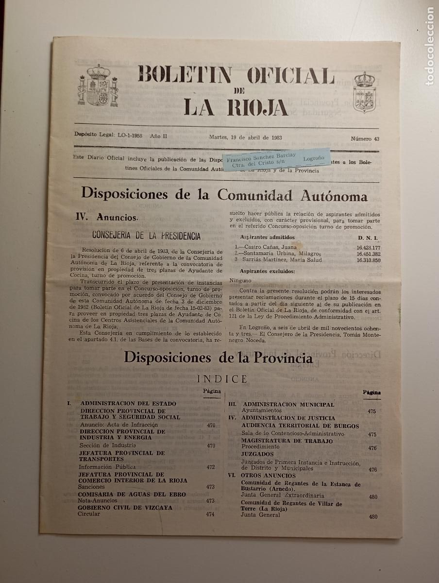Coleccionismo de revistas y peri&oacute;dicos: BOLET&Iacute;N OFICIAL DE LA RIOJA. N&ordm; 43. 19 de abril de 1983. A&ntilde;o II. TDKR91