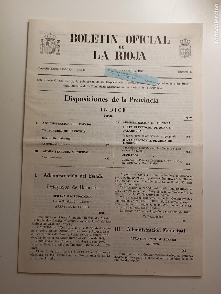 Coleccionismo de revistas y peri&oacute;dicos: BOLET&Iacute;N OFICIAL DE LA RIOJA. N&ordm; 42. 16 de abril de 1983. A&ntilde;o II. TDKR91