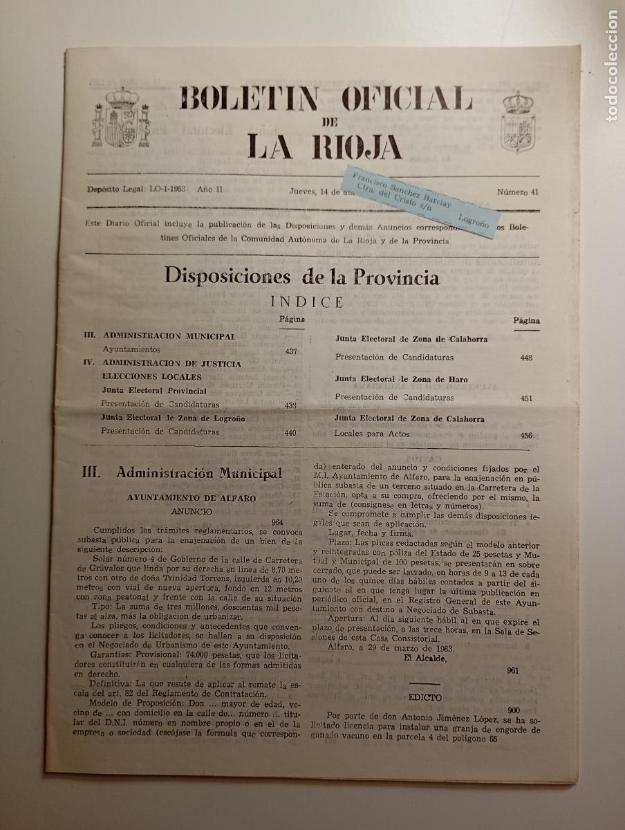 Coleccionismo de revistas y peri&oacute;dicos: BOLET&Iacute;N OFICIAL DE LA RIOJA. N&ordm; 41. 11 de abril de 1983. A&ntilde;o II. TDKR91