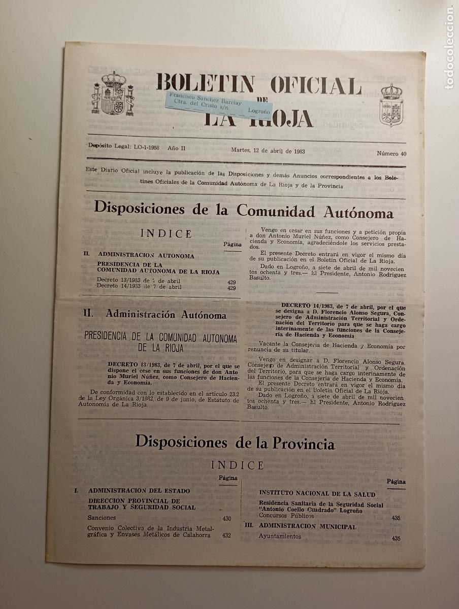 Coleccionismo de revistas y peri&oacute;dicos: BOLET&Iacute;N OFICIAL DE LA RIOJA. N&ordm; 40. 12 de abril de 1983. A&ntilde;o II. TDKR91