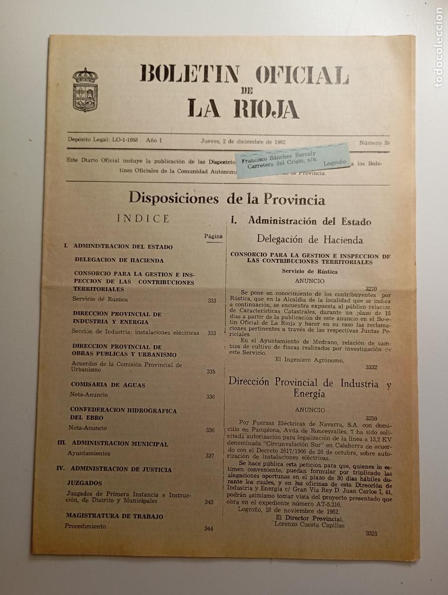 Coleccionismo de revistas y peri&oacute;dicos: BOLET&Iacute;N OFICIAL DE LA RIOJA. N&ordm; 39. 2 de diciembre de 1982. A&ntilde;o I. TDKR91