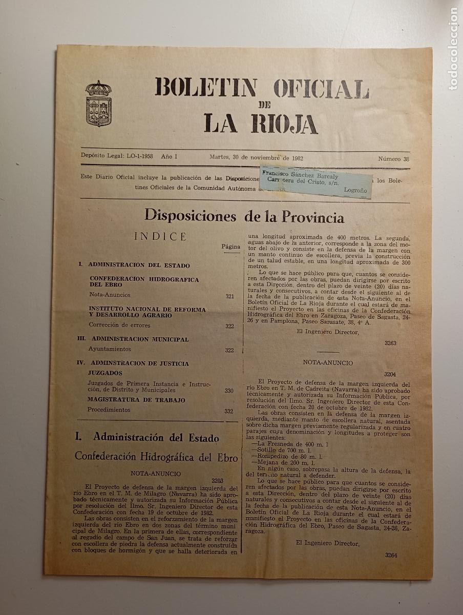 Coleccionismo de revistas y peri&oacute;dicos: BOLET&Iacute;N OFICIAL DE LA RIOJA. N&ordm; 38. 30 de noviembre de 1982. A&ntilde;o I. TDKR91
