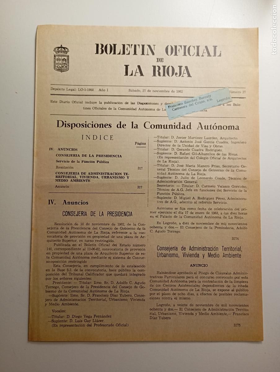 Coleccionismo de revistas y peri&oacute;dicos: BOLET&Iacute;N OFICIAL DE LA RIOJA. N&ordm; 37. 27 de noviembre de 1982. A&ntilde;o I. TDKR91