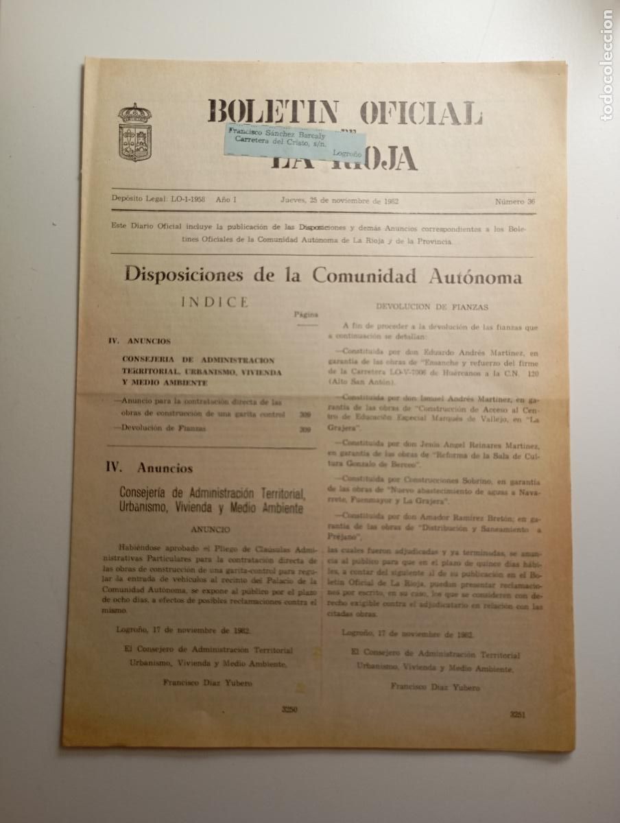 Coleccionismo de revistas y peri&oacute;dicos: BOLET&Iacute;N OFICIAL DE LA RIOJA. N&ordm; 36. 25 de noviembre de 1982. A&ntilde;o I. TDKR91