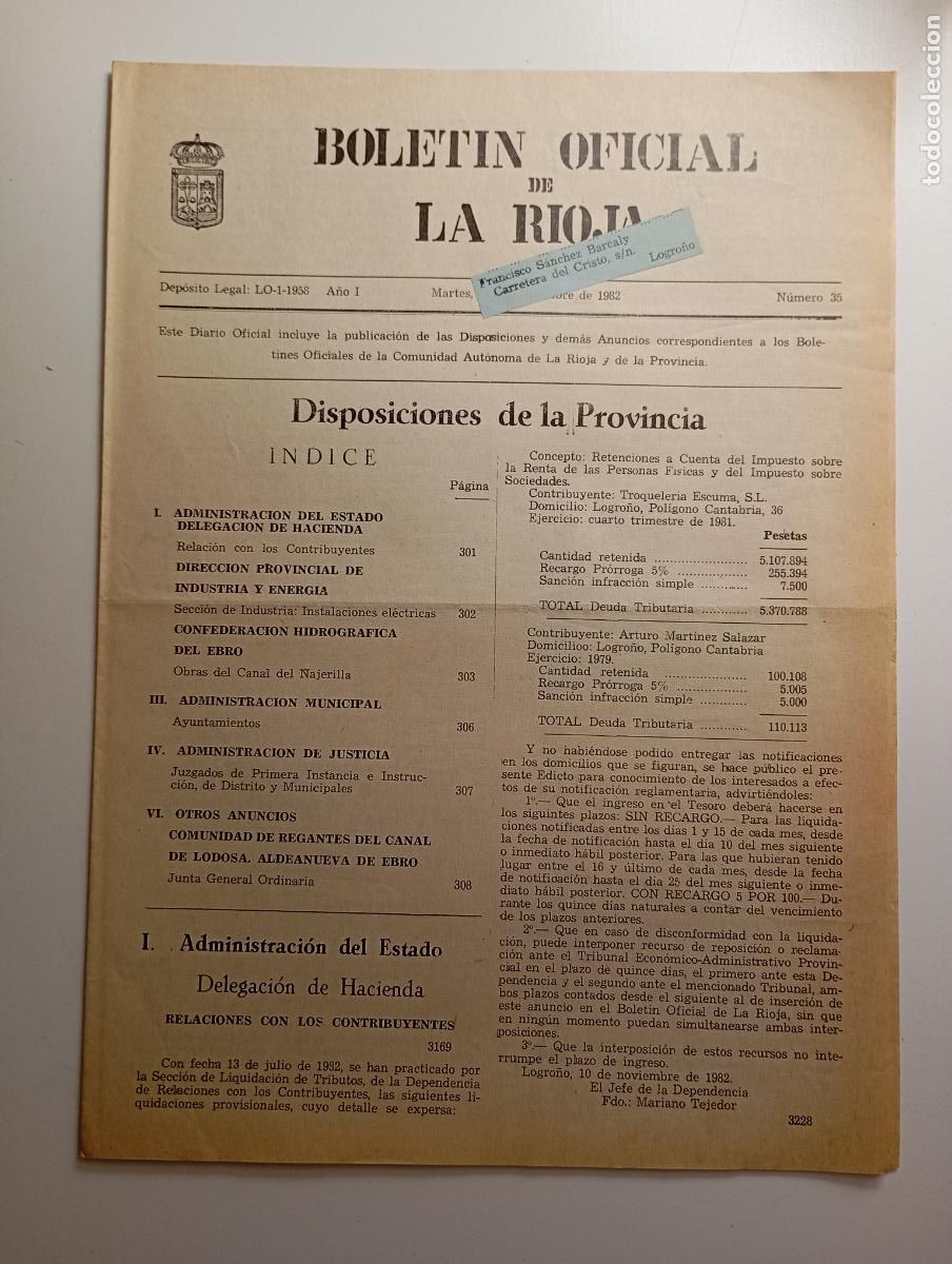 Coleccionismo de revistas y peri&oacute;dicos: BOLET&Iacute;N OFICIAL DE LA RIOJA. N&ordm; 35. 23 de noviembre de 1982. A&ntilde;o I. TDKR91