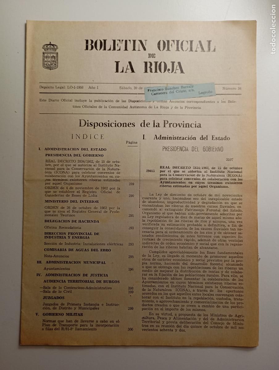 Coleccionismo de revistas y peri&oacute;dicos: BOLET&Iacute;N OFICIAL DE LA RIOJA. N&ordm; 34. 20 de noviembre de 1982. A&ntilde;o I. TDKR91