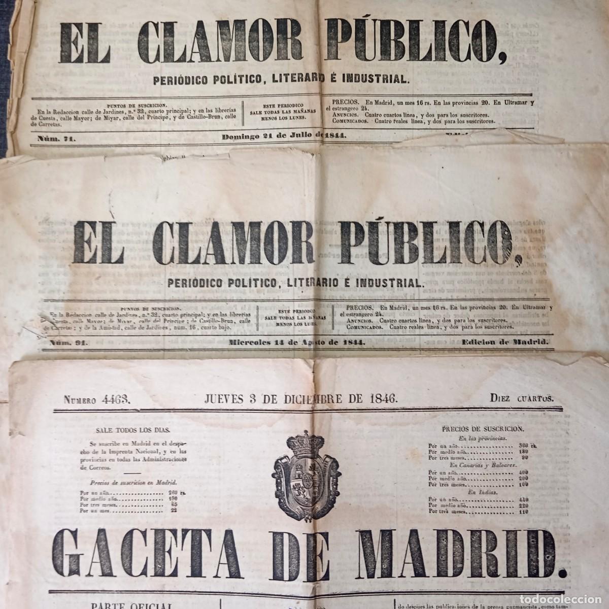 Coleccionismo de revistas y peri&oacute;dicos: ⚜️ &Ntilde;06. Lote 3 Peri&oacute;dicos Siglo XIX 1844-1846 Gaceta de Madrid Clamor P&uacute;blico Isabel II
