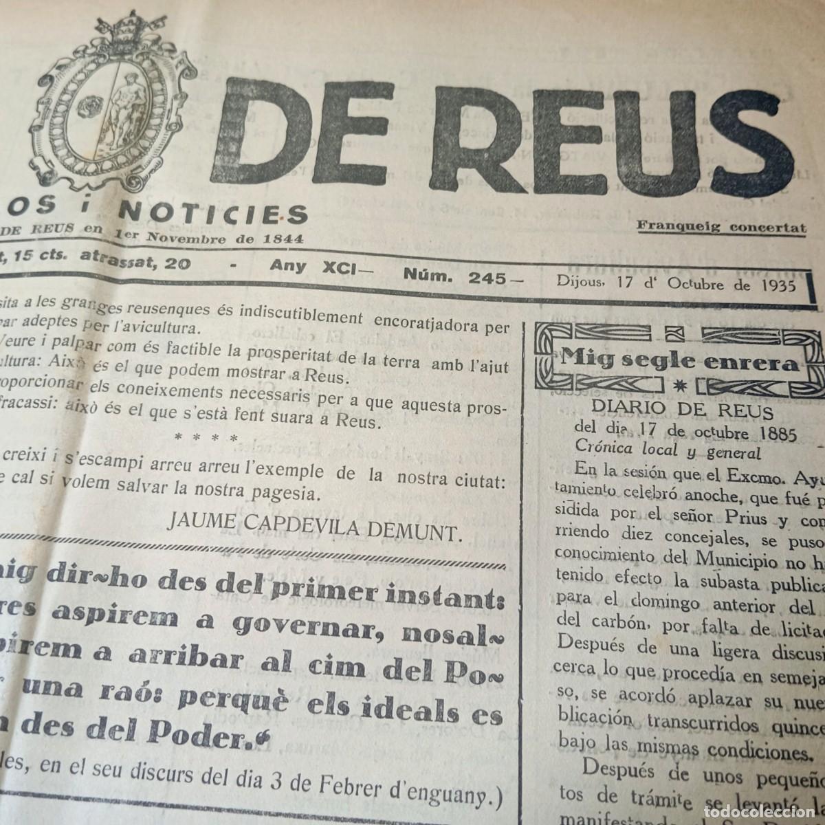 Coleccionismo de revistas y peri&oacute;dicos: ⚜️ &Ntilde;06. Diari de Reus 1935 Segunda Rep&uacute;blica Confiter&iacute;a Padreny Poblet Gil Robles