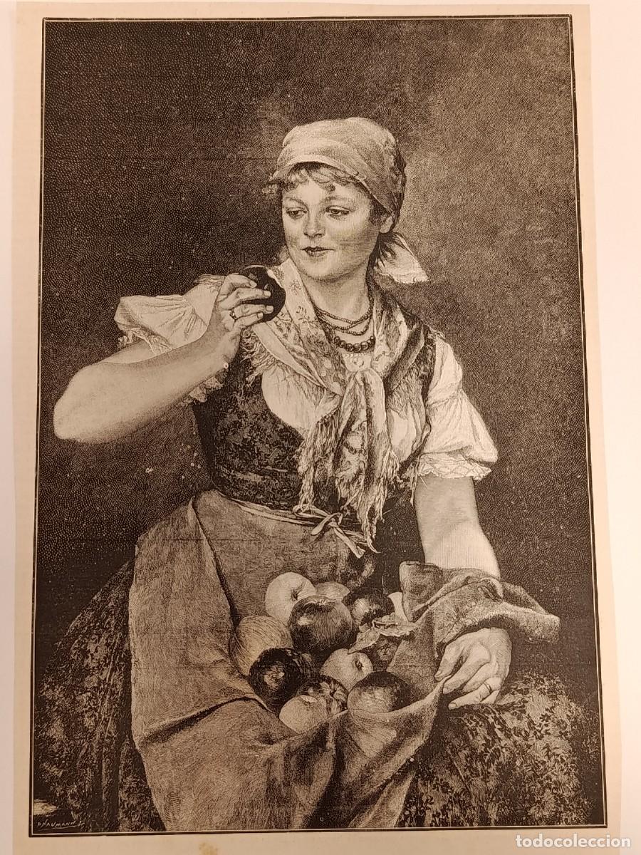 Collectionnisme de Revues et Journaux: Grabado Antiguo &rdquo;Campesina con manzanas&rdquo; por P. Naumann. Xilograf&iacute;a Siglo XIX (c. 1880-1890).