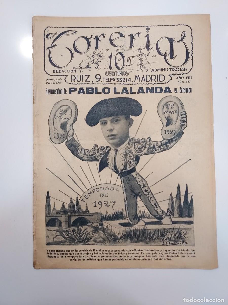 Coleccionismo de revistas y peri&oacute;dicos: TORER&Iacute;AS. 29 MAYO 1927 N&ordm; 357. PABLO LALANDA. RAFAEL BARBERA. AG&Uuml;ERO GITANILLO LAGARTITO CLASICO
