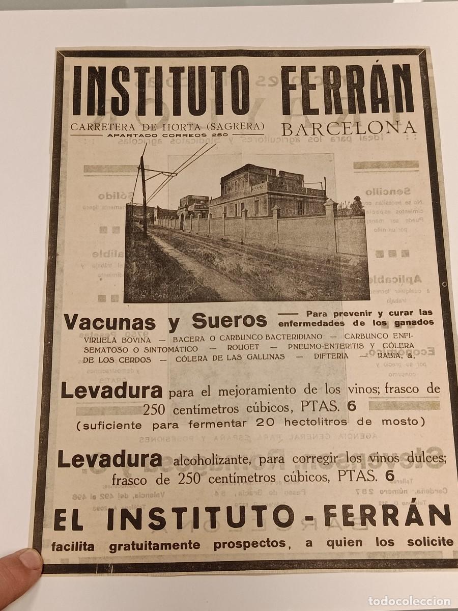 Coleccionismo de revistas y peri&oacute;dicos: Publicidad Original de &Eacute;poca: Instituto Ferr&aacute;n - Vacunas Veterinarias y Enolog&iacute;a (La Sagrera, Barcel