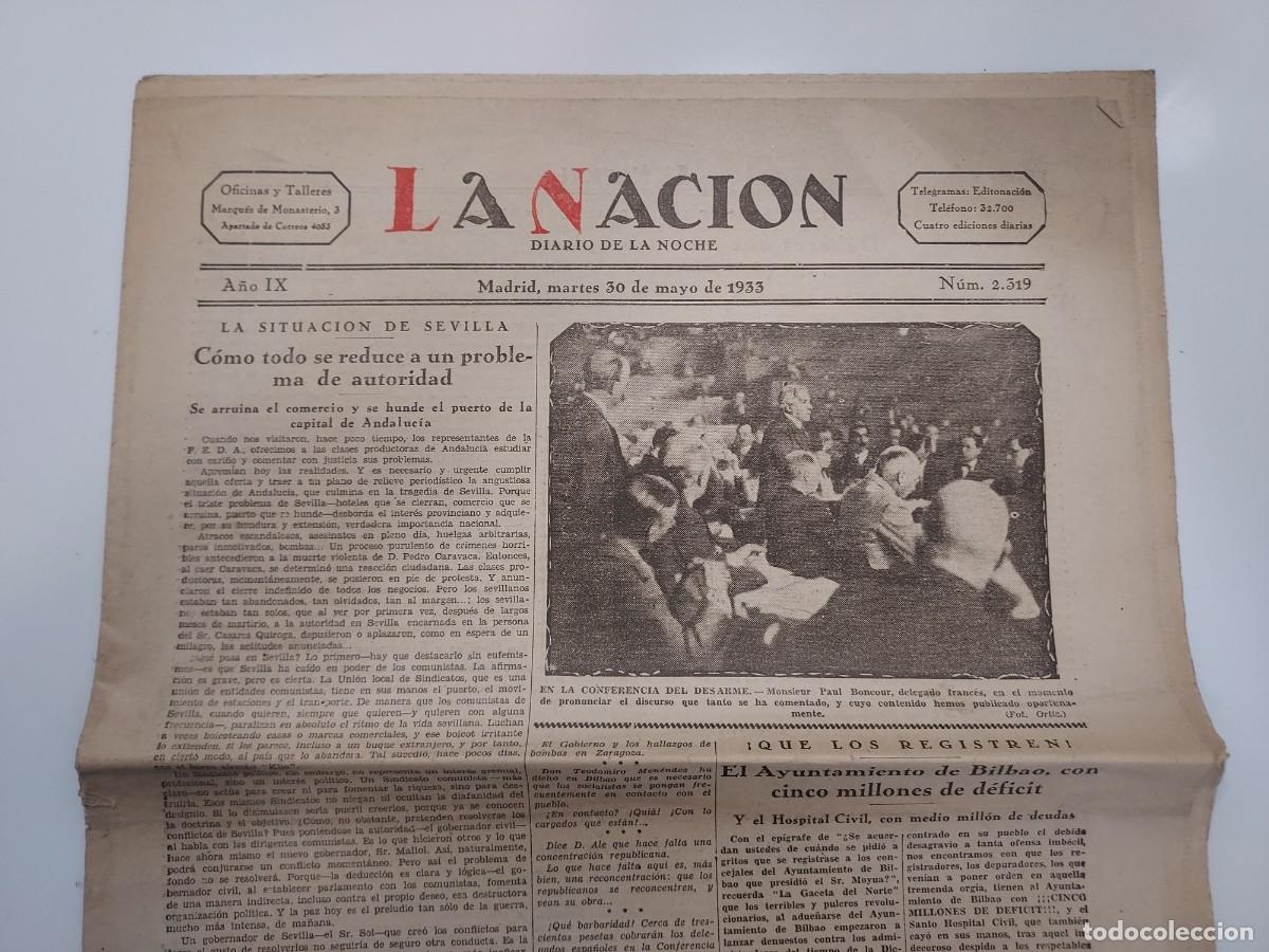 Coleccionismo de revistas y peri&oacute;dicos: Peri&oacute;dico LA NACI&Oacute;N DIARIO DE LA NOCHE. Madrid 30 mayo 1933 n&ordm; 2319. Agitaci&oacute;n extremista Zaragoza