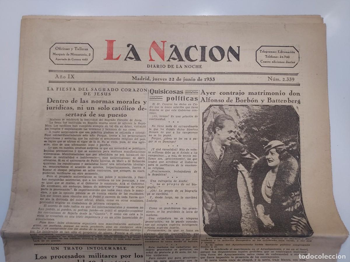 Collectionnisme de Revues et Journaux: Peri&oacute;dico LA NACI&Oacute;N DIARIO DE LA NOCHE. Madrid 22 junio 1933 n&ordm; 2339 DESAPARECE AVI&Oacute;N CUATRO VIENTOS