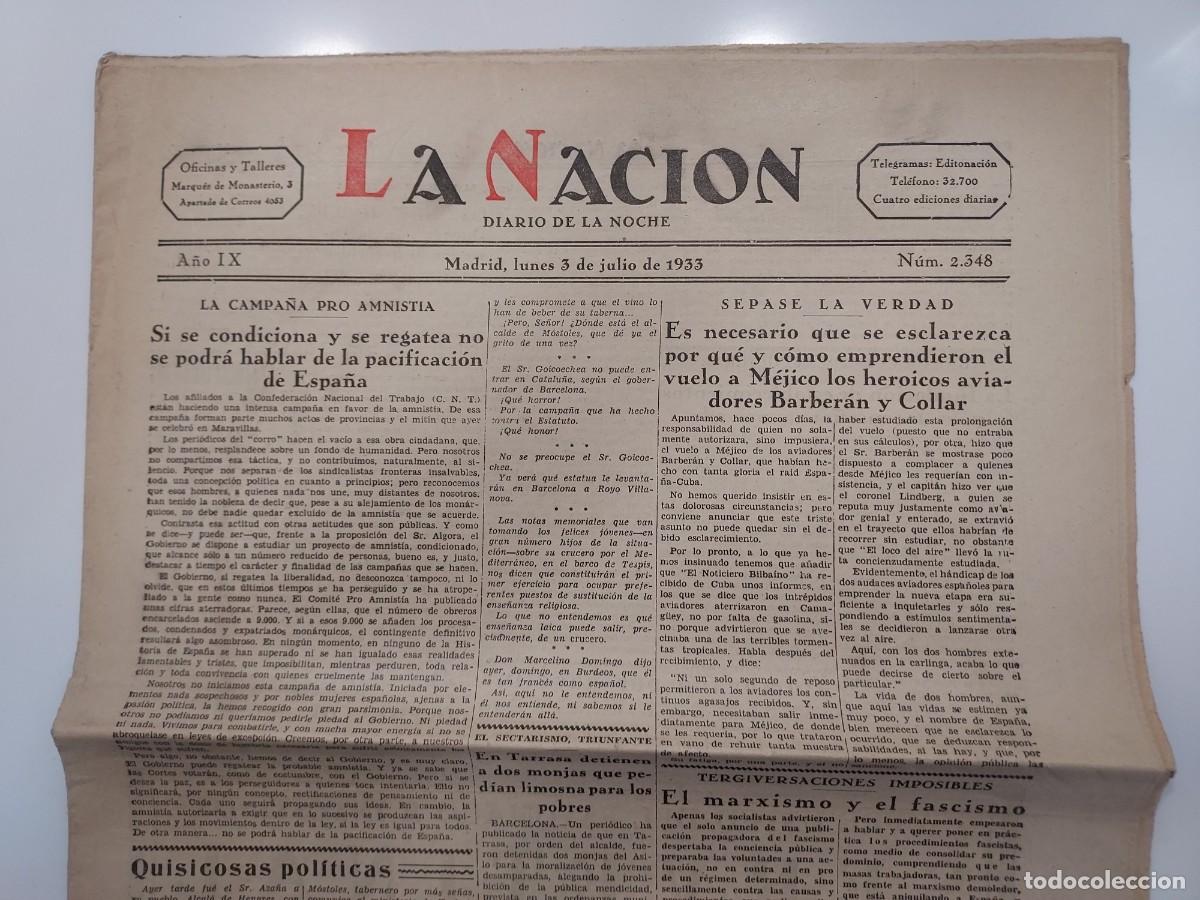 Collectionnisme de Revues et Journaux: Peri&oacute;dico LA NACI&Oacute;N DIARIO DE LA NOCHE. Madrid 3 julio 1933 n&ordm; 2348