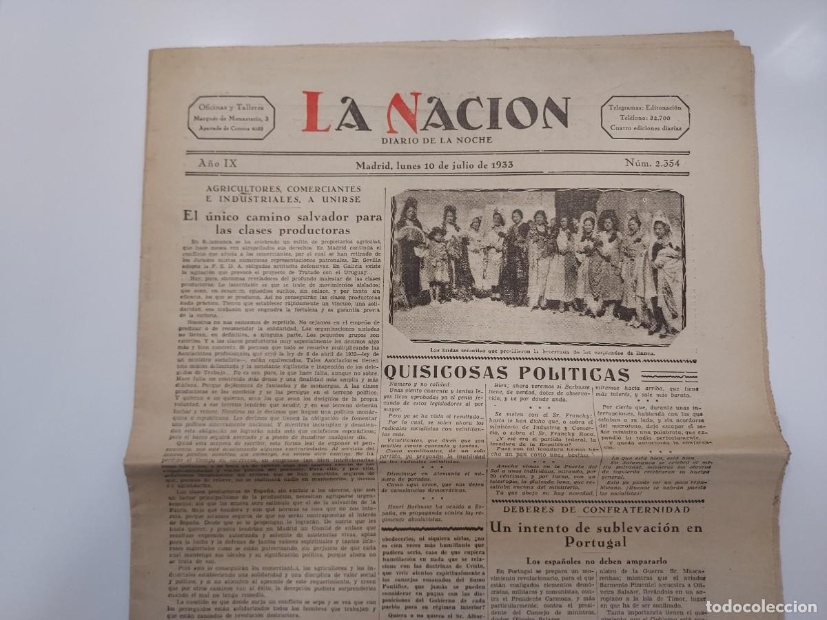 Collectionnisme de Revues et Journaux: Peri&oacute;dico LA NACI&Oacute;N DIARIO DE LA NOCHE. Madrid 10 julio 1933 n&ordm; 2354. Motorismo Guadalajara VI Horas
