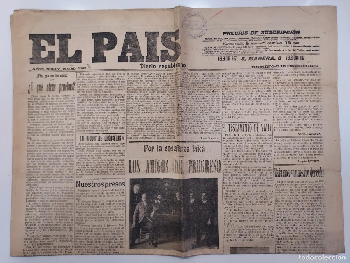 Collectionnisme de Revues et Journaux: Peri&oacute;dico EL PA&Iacute;S DIARIO REPUBLICANO. Madrid 16 enero 1910 n&ordm; 8189. Jos&eacute; Rubaudonadeu. Ense&ntilde;. Laica