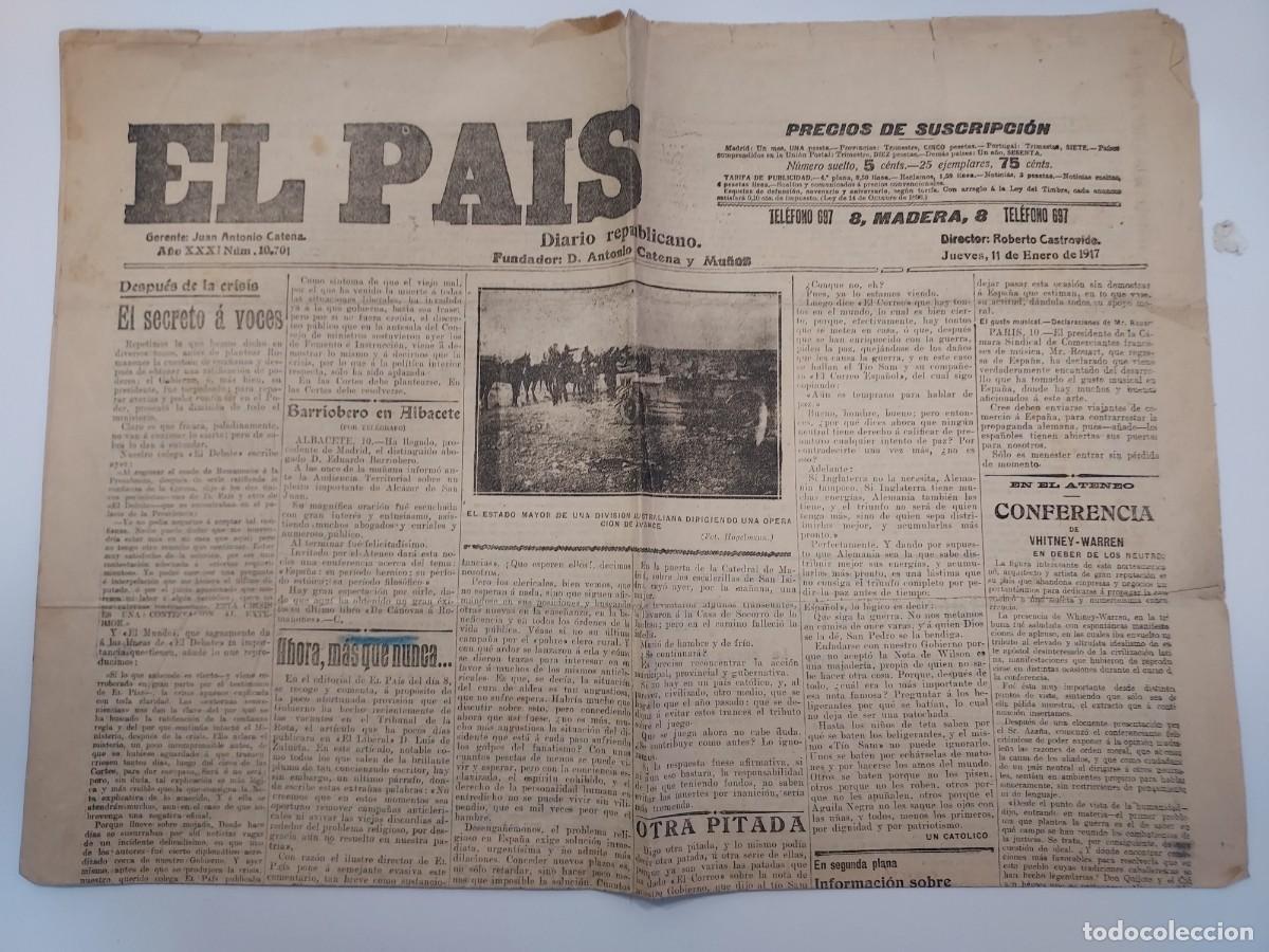 Collectionnisme de Revues et Journaux: Peri&oacute;dico EL PA&Iacute;S DIARIO REPUBLICANO. Madrid 11 enero 1917 n&ordm; 10701. Ferrocarril metropolitano