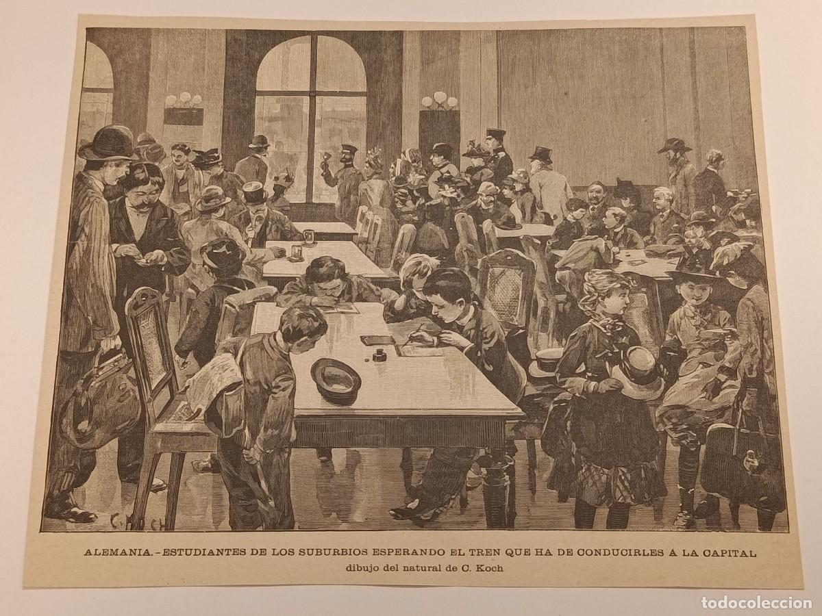 Coleccionismo de revistas y peri&oacute;dicos: Grabado Antiguo c. 1890: &rdquo;Estudiantes esperando el Tren&rdquo; - Alemania. Dibujo de C. Koch. Ferrocarril.
