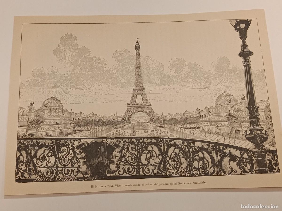 Coleccionismo de revistas y peri&oacute;dicos: Grabado Antiguo c. 1900 Par&iacute;s: Torre Eiffel y Jard&iacute;n Central - Dibujo de Gaston Coindre. Exposici&oacute;n