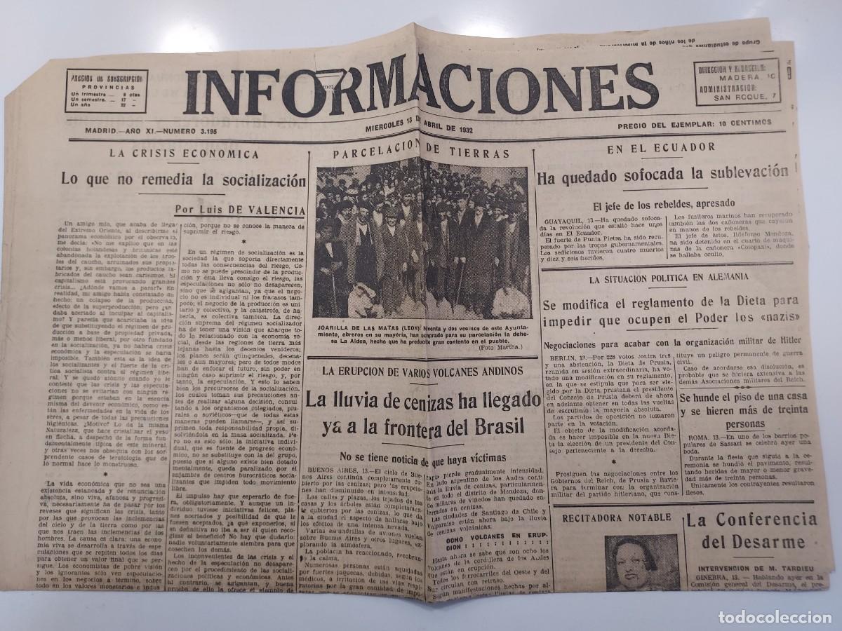 Coleccionismo de revistas y peri&oacute;dicos: Peri&oacute;dico INFORMACIONES. Madrid 13 abril 1932 n&ordm; 3195. C&eacute;sar Gonz&aacute;lez-Ruano, Joaqu&iacute;n Belda