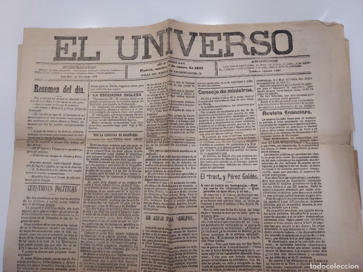 Coleccionismo de revistas y peri&oacute;dicos: Peri&oacute;dico EL UNIVERSO. Madrid 21 enero 1908 n&ordm; 2418. Pol&iacute;tica, Marruecos, P&eacute;rez Gald&oacute;s