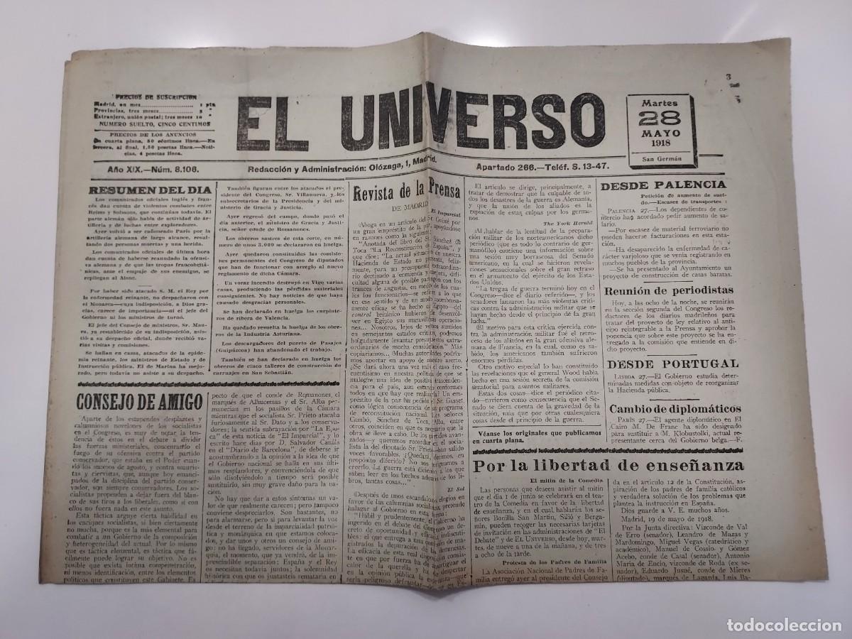 Coleccionismo de revistas y peri&oacute;dicos: Peri&oacute;dico EL UNIVERSO. Madrid 28 mayo 1918 n&ordm; 8106. Libertad ense&ntilde;anza, Guerra, epidemia gripe