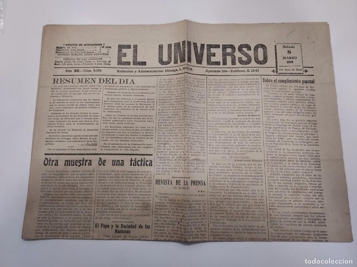 Coleccionismo de revistas y peri&oacute;dicos: Peri&oacute;dico EL UNIVERSO. Madrid 8 marzo 1919 n&ordm; 8386. Abastecimientos. Camb&oacute;. Cumplimiento pascual